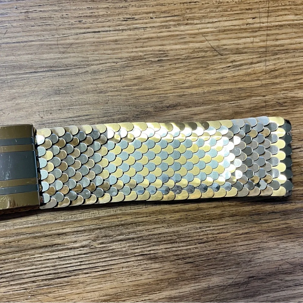 Vintage 70s Gold Silver Mixed Metal Mermaid Retro Rare Stretch Belt Chrome L/XL
